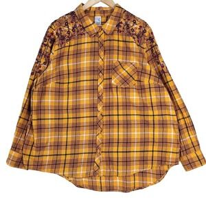 Womens Top 1X Plaid Western Flannel Embroidered Floral Country Ranch‎ Cowgirl